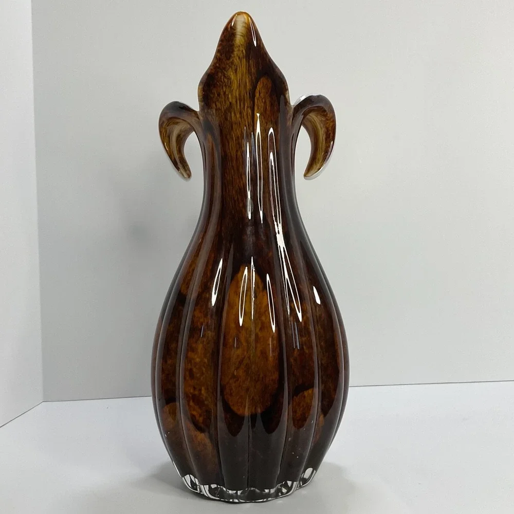 Handblown Vintage Tulip Vase‎ Tiger Eye Brown Fluted White Contrast Home Decor